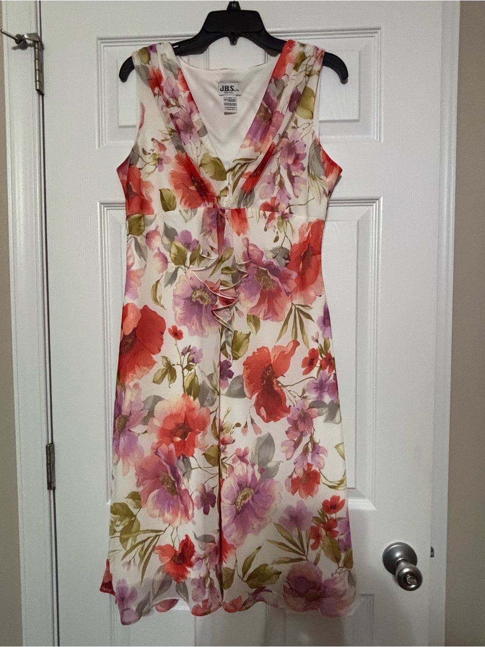 J.B.S. Floral V-Neck Sleeveless Dress in White with Coral & Pink Blooms